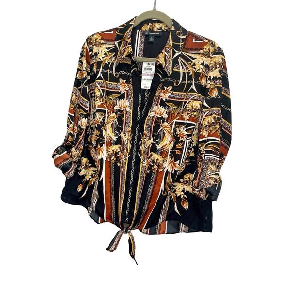 NEW INC Women’s Front Tie Button-Front Collared Leopard Floral Print Blouse - XL - Picture 9 of 10